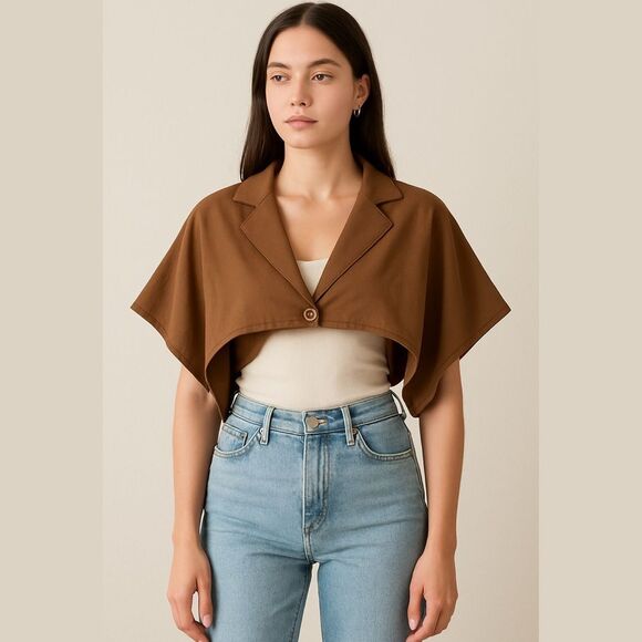 Gentlewoman Brown Cropped Cape Blazer Shrug Top – Made in Korea | One Size - Picture 3 of 8
